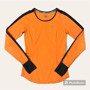 Nike Running Dri-Fit Long Sleeve Running Top - XS in Bright Orange & Black